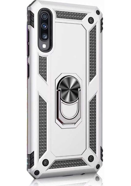 Samsung Galaxy A70 Kılıf Çift Katmanlı Tank Yüzüklü Mıknatıslı Vega Kapak Gümüş