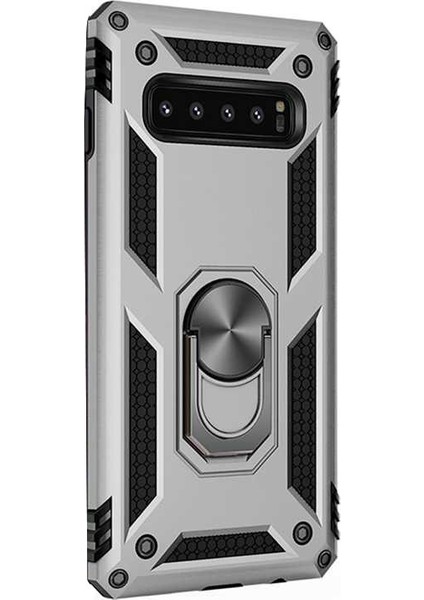 Samsung Galaxy S10 + Plus Kılıf Çift Katmanlı Tank Yüzüklü Mıknatıslı Vega Kapak Gümüş