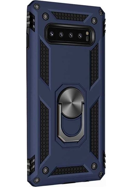 Samsung Galaxy S10 + Plus Kılıf Çift Katmanlı Tank Yüzüklü Mıknatıslı Vega Kapak Lacivert