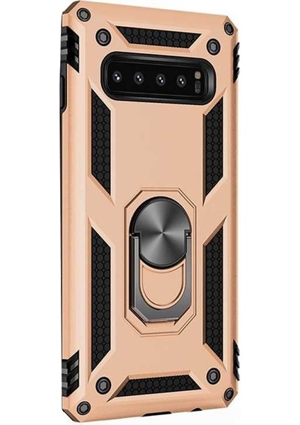 Samsung Galaxy S10 Kılıf Çift Katmanlı Tank Yüzüklü Mıknatıslı Vega Kapak Gold