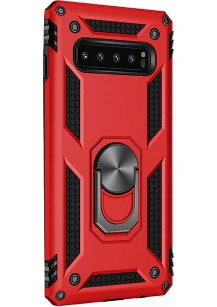 Samsung Galaxy S10 Kılıf Çift Katmanlı Tank Yüzüklü Mıknatıslı Vega Kapak Kırmızı