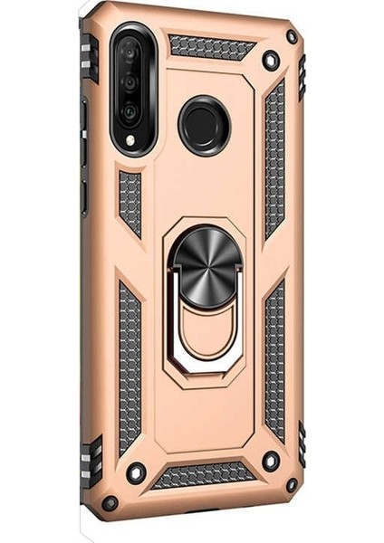 Huawei P30 Lite Kılıf Çift Katmanlı Tank Yüzüklü Mıknatıslı Vega Kapak Gold