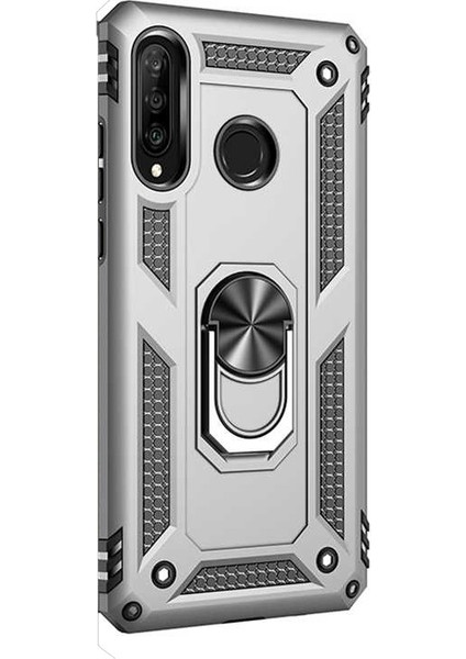 Huawei P30 Lite Kılıf Çift Katmanlı Tank Yüzüklü Mıknatıslı Vega Kapak Gümüş