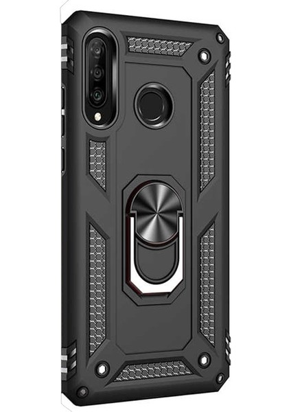 Huawei P30 Lite Kılıf Çift Katmanlı Tank Yüzüklü Mıknatıslı Vega Kapak Siyah