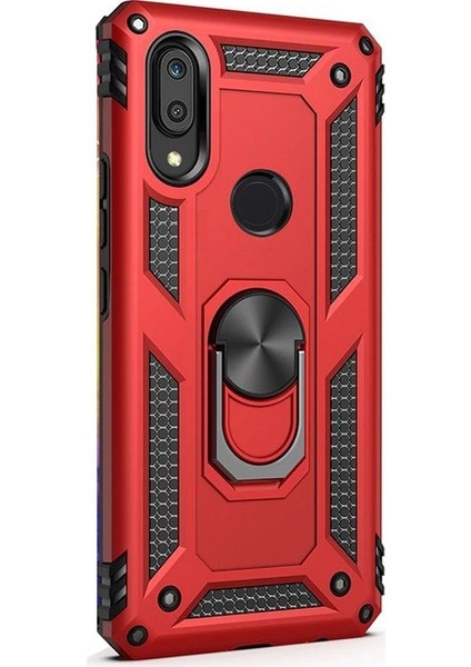 Huawei Y6 2019 Kılıf Çift Katmanlı Tank Yüzüklü Mıknatıslı Vega Kapak + Nano Glass Kırmızı