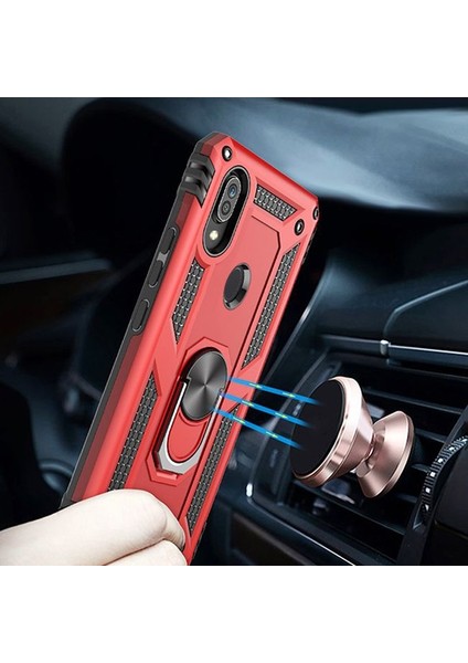 Huawei Y6 2019 Kılıf Çift Katmanlı Tank Yüzüklü Mıknatıslı Vega Kapak + Nano Glass Lacivert