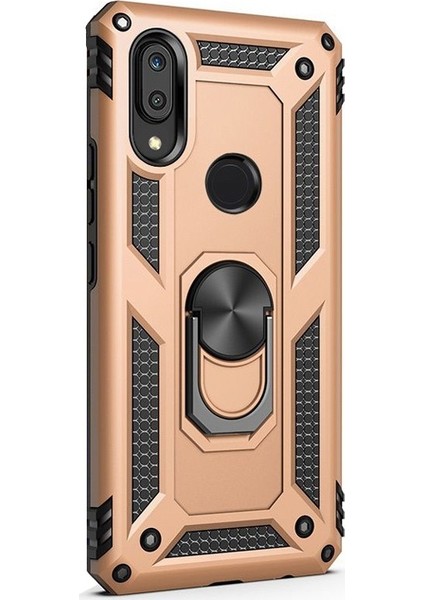 Huawei Y7 2019 Kılıf Çift Katmanlı Tank Yüzüklü Mıknatıslı Vega Kapak Gold