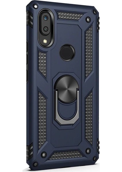 Huawei Y7 2019 Kılıf Çift Katmanlı Tank Yüzüklü Mıknatıslı Vega Kapak + Nano Glass Lacivert