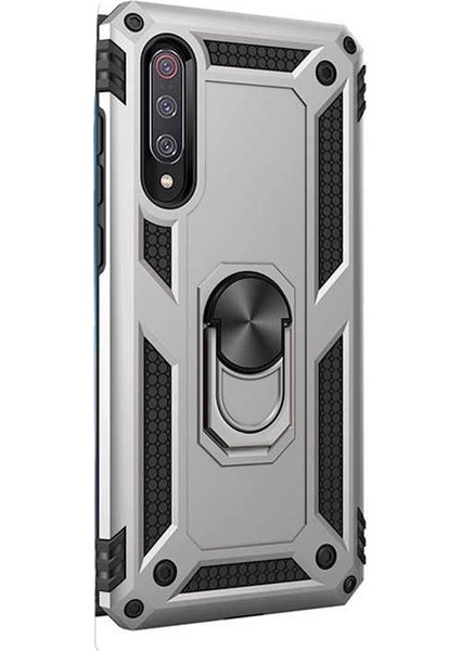 Xiaomi Mi 9 Kılıf Çift Katmanlı Tank Yüzüklü Mıknatıslı Vega Kapak + Nano Glass Gümüş