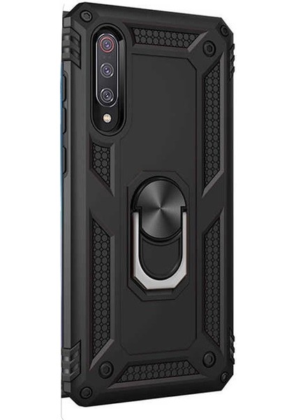 Xiaomi Mi 9 Kılıf Çift Katmanlı Tank Yüzüklü Mıknatıslı Vega Kapak + Nano Glass Siyah