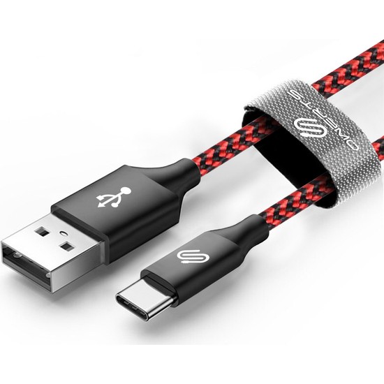 Qspeed USB Type-C Hızlı Şarj ve Data Kablosu Kırmızı/Siyah Örgülü 1 m