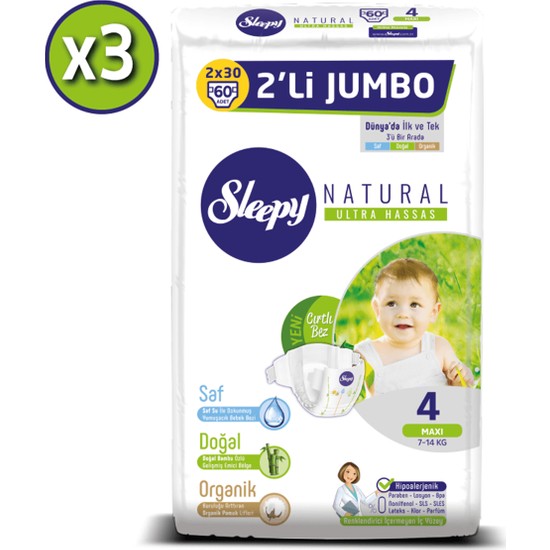 Sleepy Natural Bebek Bezi Ikili Jumbo 4 Numara 60X3 (180