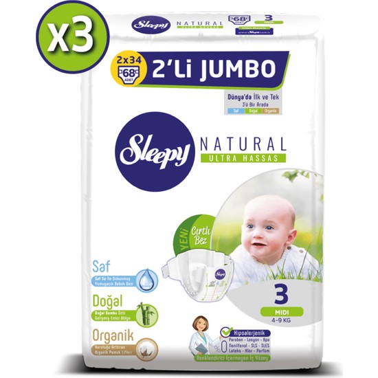 Sleepy Natural Bebek Bezi Ikili Jumbo 3 Numara 68X3 (204