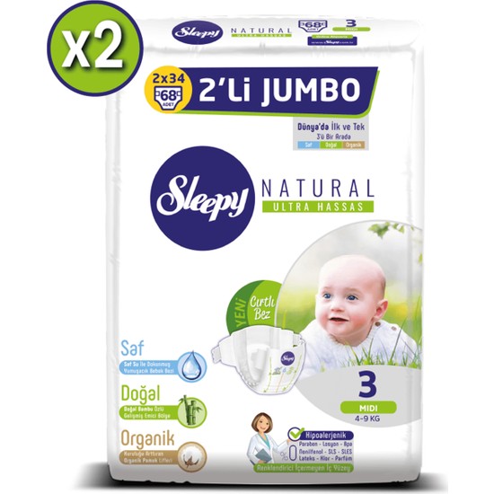 Sleepy Natural Bebek Bezi Ikili Jumbo 3 Numara 68X2 (136