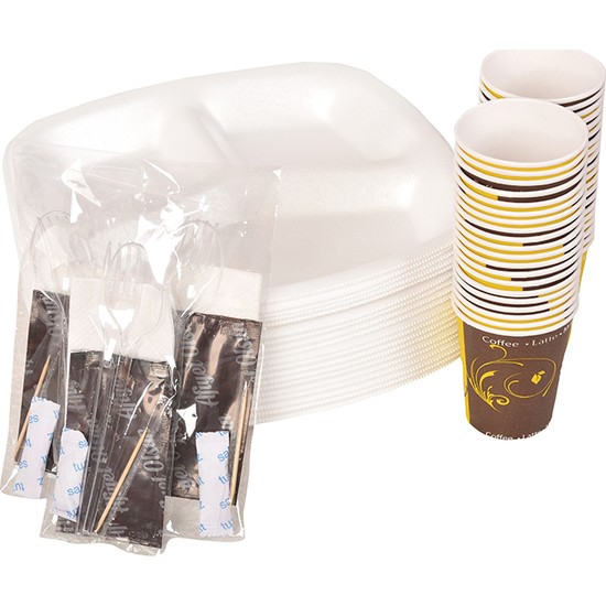 Smartpack Piknik Seti 100 Adet Üç Gözlü Köpük Tabak, 100 Adet Karton Bardak, 100 Adet 6'lı Lüx Set (Kaşık, Çatal, Selpak, Islak Mendil, Tuz, Kürdan)