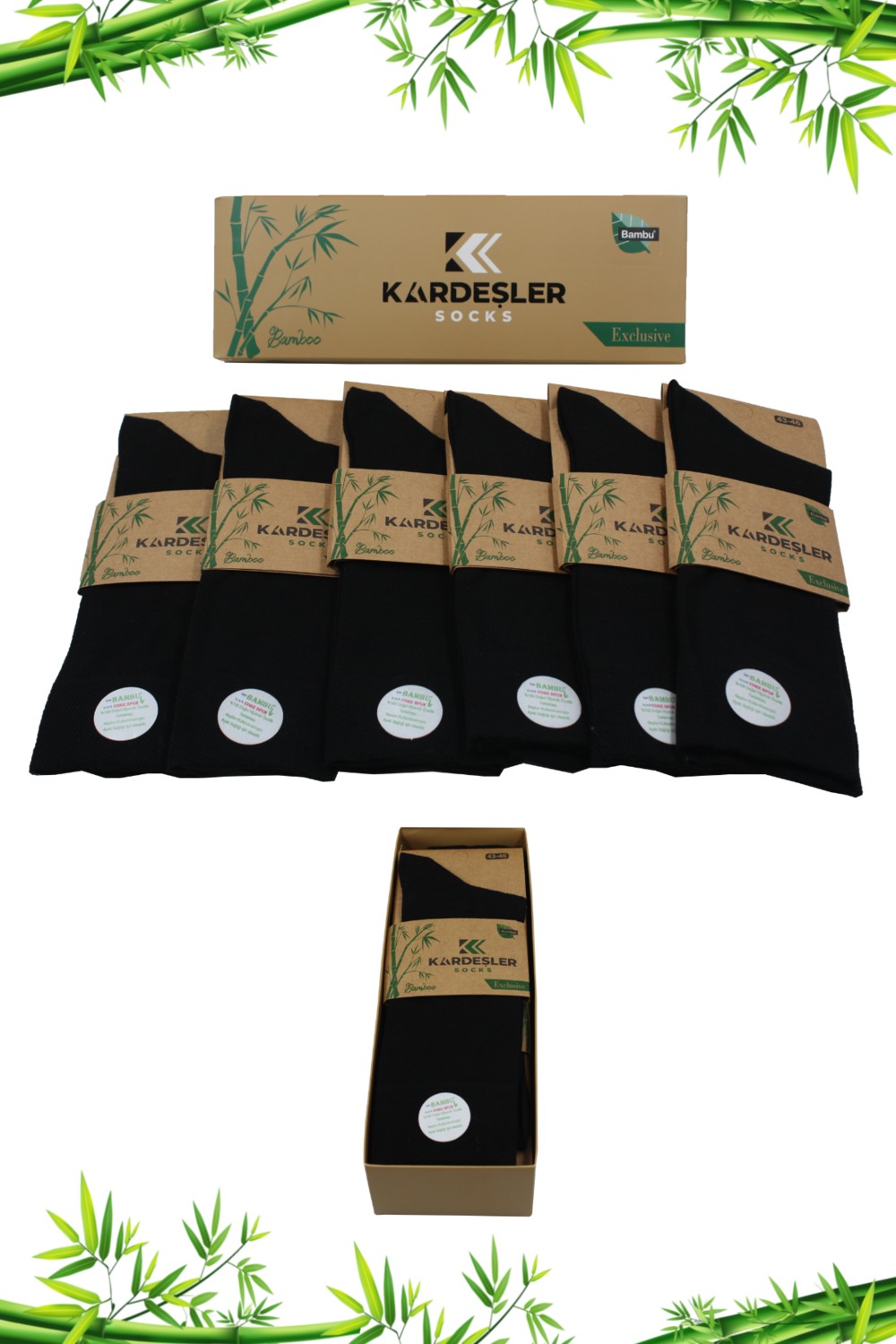 Kardeşler Çorap Erkek Bambu Soket Uzun Düz Siyah Çorap Dikişsiz 6'lı Premium Kutulu
