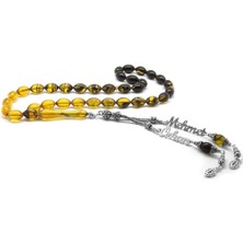 Okyanus Silver 925 Ayar Gümüş Püsküllü Arpa Kesim Isim Yazılı Sarı Ateş Kehribar Tesbih