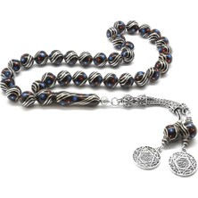 Okyanus Silver 925 Ayar Gümüş Püsküllü Gümüş-Firuze-Mercan Işlemeli Erzurum Oltu Taşı Tesbih