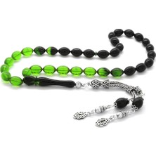 Okyanus Silver 925 Ayar Gümüş Çift Püsküllü Arpa Kesim Süzme Yeşil-Siyah Ateş Kehribar Tesbih