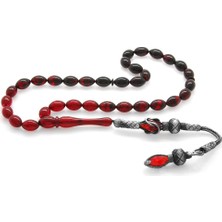 Okyanus Silver 1000 Ayar Gümüş Kazaz Püsküllü Arpa Kesim Süzme Kırmızı-Siyah Ateş Kehribar Tesbih