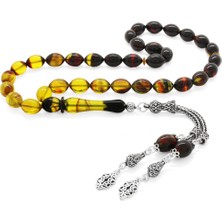 Okyanus Silver 925 Ayar Gümüş Çift Püsküllü Arpa Kesim Süzme Bala-Siyah Ateş Kehribar Tesbih