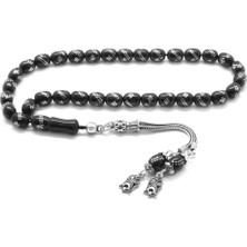 Okyanus Silver 925 Ayar Gümüş Lale Püsküllü Gümüş Işlemeli Arpa Kesim Rus Oltu Tesbih