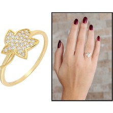 Okyanus Silver Zirkon Taşlı Kır Çiçeği Tasarım Gold Renk 925 Ayar Gümüş Bayan Yüzük