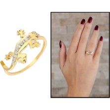 Okyanus Silver Zirkon Taşlı Kertenkele Tasarım Gold Renk 925 Ayar Gümüş Bayan Yüzük