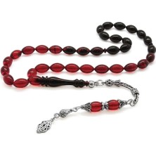 Okyanus Silver 925 Ayar Gümüş Püsküllü Arpa Kesim Süzme Kırmızı-Siyah Ateş Kehribar Tesbih