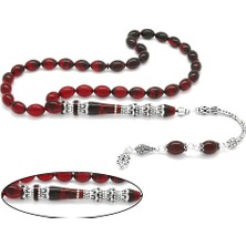 Okyanus Silver 925 Ayar Gümüş Püsküllü Gümüş Minare Nakkaş Imameli Süzme Kırmızı-Siyah Ateş Kehribar Tesbih