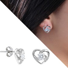 Okyanus Silver Zirkon Tektaşlı Kalp Tasarım 925 Ayar Gümüş Küpe