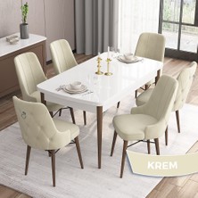 Canisa Concept Are Serisi Mdf 80 x 132 cm Açılabilir Beyaz Masa Ceviz Ayak Mutfak Masası Takımı 6 Sandalye Gümüş Halkalı