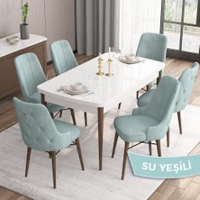 Canisa Concept Are Serisi Mdf 80 x 132 cm Açılabilir Beyaz Masa Ceviz Ayak Mutfak Masası Takımı 6 Sandalye Gümüş Halkalı