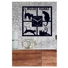 Hediyelikevi Kişiye Özel Kediler Temalı Dekoratif Ahşap Duvar Saati 50 x 50 cm