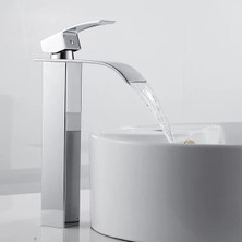 Rena Krom Kare Çanak Lavabo Bataryası Oval Şelale Model Uzun/yüksek Gümüş Gri Lavabo Musluğu Çift Girişli
