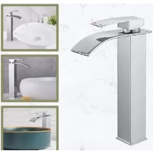 Rena Krom Kare Çanak Lavabo Bataryası Oval Şelale Model Uzun/yüksek Gümüş Gri Lavabo Musluğu Çift Girişli