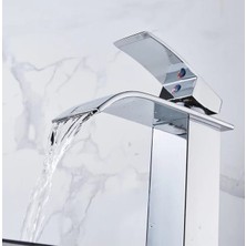 Rena Krom Kare Çanak Lavabo Bataryası Oval Şelale Model Uzun/yüksek Gümüş Gri Lavabo Musluğu Çift Girişli