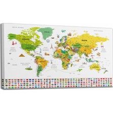 Dünyatablo Türkçe Dünya Haritası Ayrıntılı Eğitici-Öğretici Sembollü Bayraklı Dekoratif Kanvas Tablo 2876
