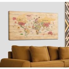 Doğal Tercih Ahşap Görünümlü Dünya Haritası Sembollü Eğitici ve Öğretici Dekoratif Kanvas Tablo 2930