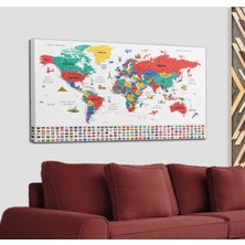 Dünyatablo Türkçe Dünya Haritası Ayrıntılı Eğitici-Öğretici Sembollü Bayraklı Dekoratif Kanvas Tablo 2866