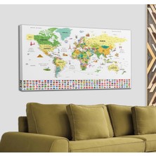 Dünyatablo Türkçe Dünya Haritası Ayrıntılı Eğitici-Öğretici Sembollü Bayraklı Dekoratif Kanvas Tablo 2848