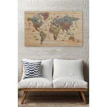 Dünyatablo Ahşap Görünümlü Türkçe Dünya Haritası Sembollü Eğitici ve Öğretici Dekoratif Kanvas Tablo 2951