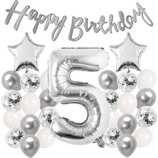 Çıtı Pıtı Store Gümüş Konsept 5 Yaş Doğum Günü Kutlama Seti Beyaz Gümüş Konfetili Balon Rakam Yıldız Folyo ve Banner