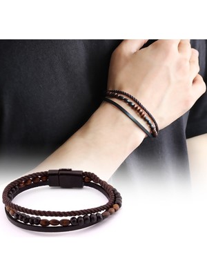 Okyanus Silver Hasır Tasarım Kuka Işlemeli 3 Sıra Siyah-Kahverengi Çelik-Deri Kombinli Bileklik