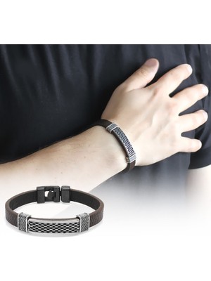 Okyanus Silver Nokta Işlemeli Kahverengi Kararmaz Metal-Deri Kombinli Erkek Bileklik