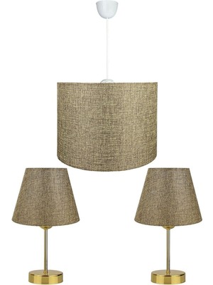 Evlight Erkilet Üçlü Abajur Avize Seti Gold - Kumbeji