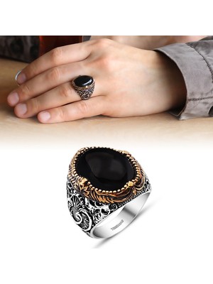 Okyanus Silver Vav Işlemeli Siyah Oniks Taşlı 925 Ayar Gümüş Erkek Yüzük