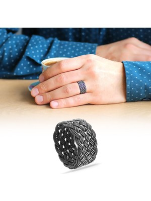 Okyanus Silver Gri Renkli 1000 Ayar Gümüş Trabzon El Örmesi Kazaz Yüzük