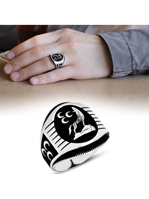 Okyanus Silver Üç Hilal Işlemeli Bozkurt Motifli 925 Ayar Gümüş Erkek Yüzük