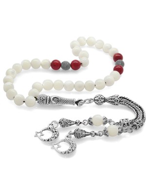 Okyanus Silver Kararmaz Metal Ayyıldız Püsküllü Küre Kesim Sedef-Mercan Doğaltaş Tesbih